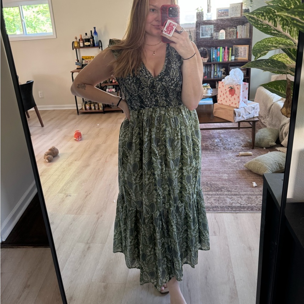 Anthropologie Green and Blue Paisley Button Front Maxi Dress